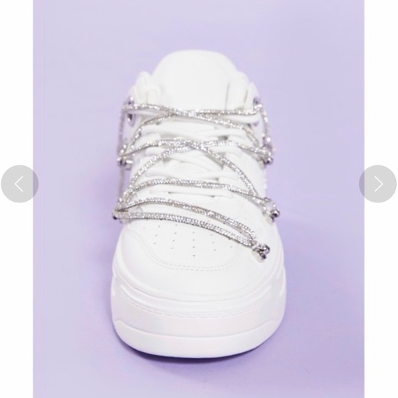 White Sneakers with Silver Accents with Rhinestone Lace - Picture 4 of 12